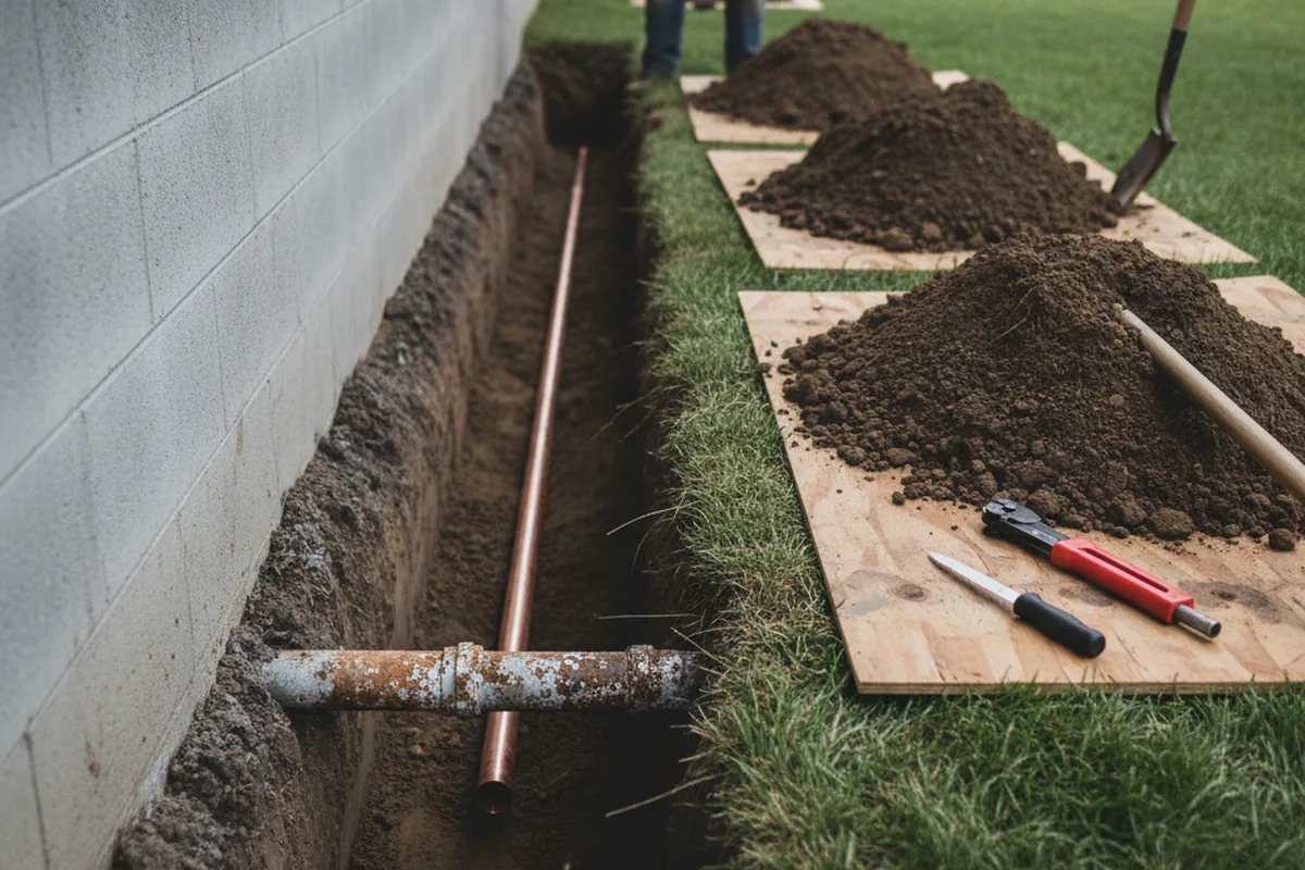 Excavated water line trench during Sewer Line Repair in Pingree